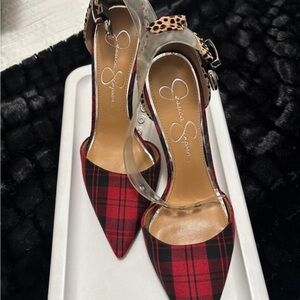 Jessica Simpson Red Plaid Pointed-Toe Slingbacks with Leopard Accent